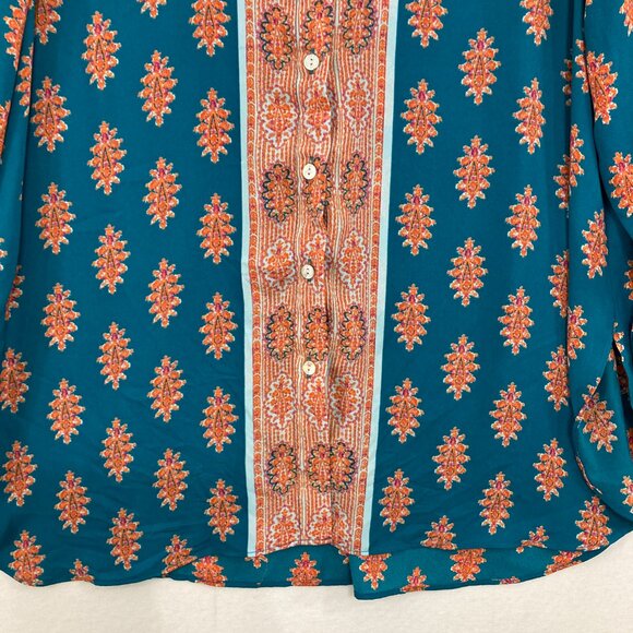 New Rose & Olive Large Blue Orange Boho Print Soft Flowy Long Sleeve Button Up - Picture 5 of 12